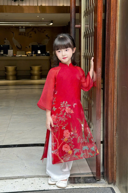 Girl Dress Ao Dai - Red Modern Ao Dai For Daughter