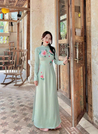 Light Blue Floral Embroidery Ao Dai - Ao Dai Viet Nam