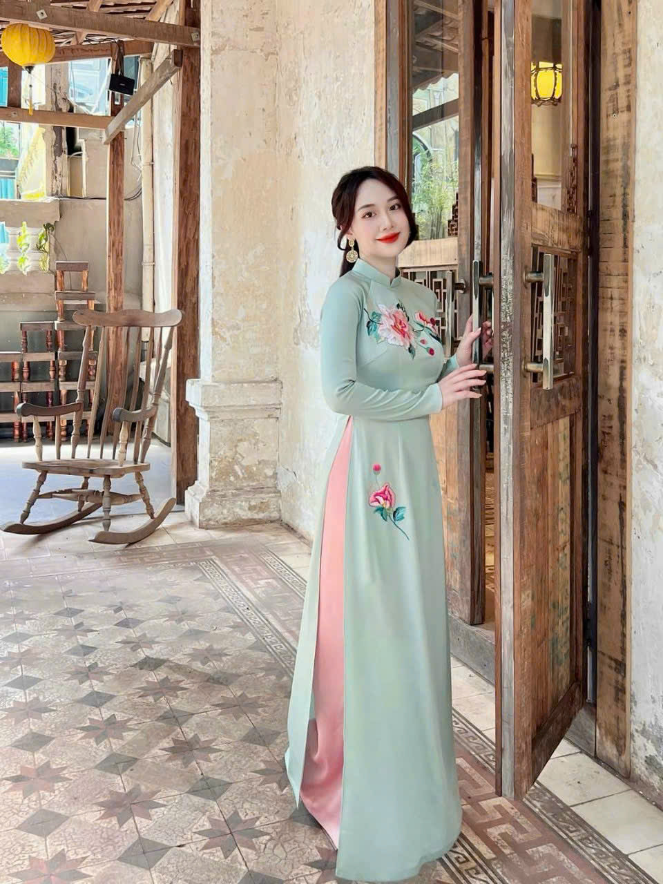 Light Blue Floral Embroidery Ao Dai - Ao Dai Viet Nam