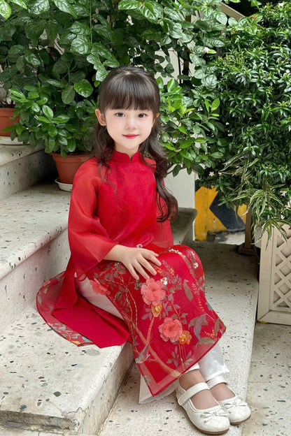 Girl Dress Ao Dai - Red Modern Ao Dai For Daughter