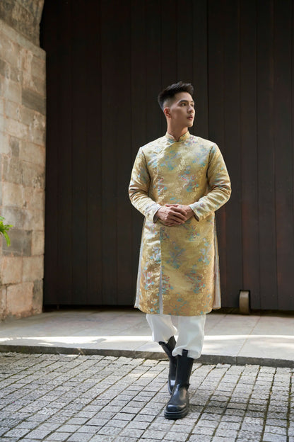 Dragon Jacquard Long Dress - Gold Gam Ao Dai Men