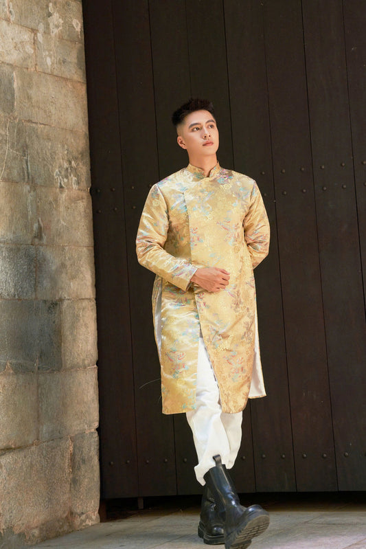 Dragon Jacquard Long Dress - Gold Gam Ao Dai Men