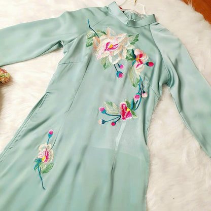 Light Blue Floral Embroidery Ao Dai - Ao Dai Viet Nam