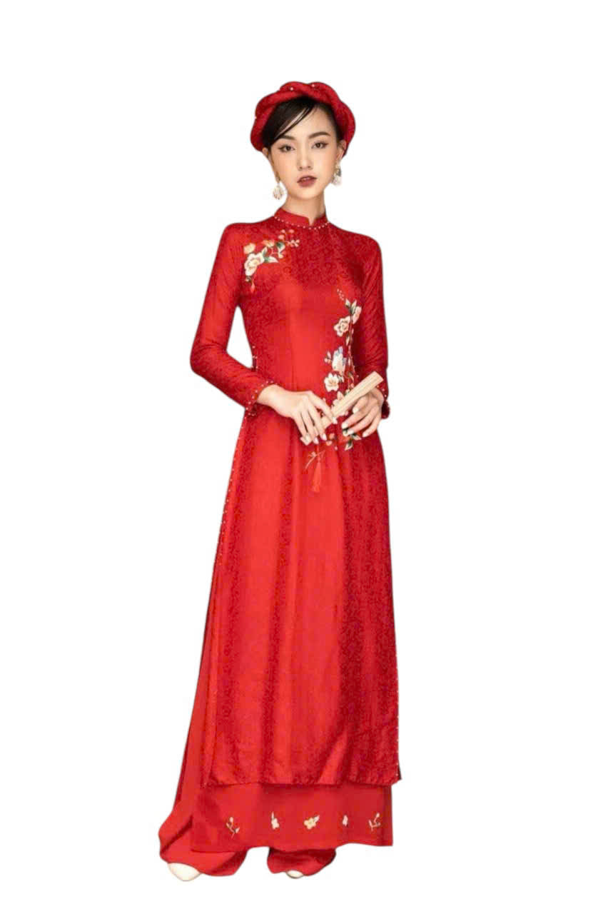 Red Gam Ao Dai Vietnamese Traditional Wedding Dress with Embroidery