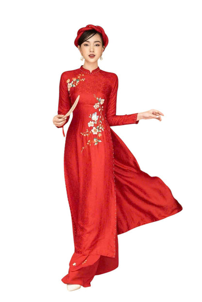 Red Gam Ao Dai Vietnamese Traditional Wedding Dress with Embroidery