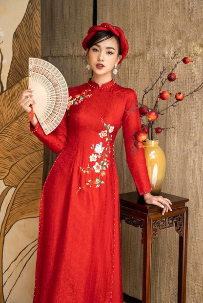 Red Gam Ao Dai Vietnamese Traditional Wedding Dress with Embroidery