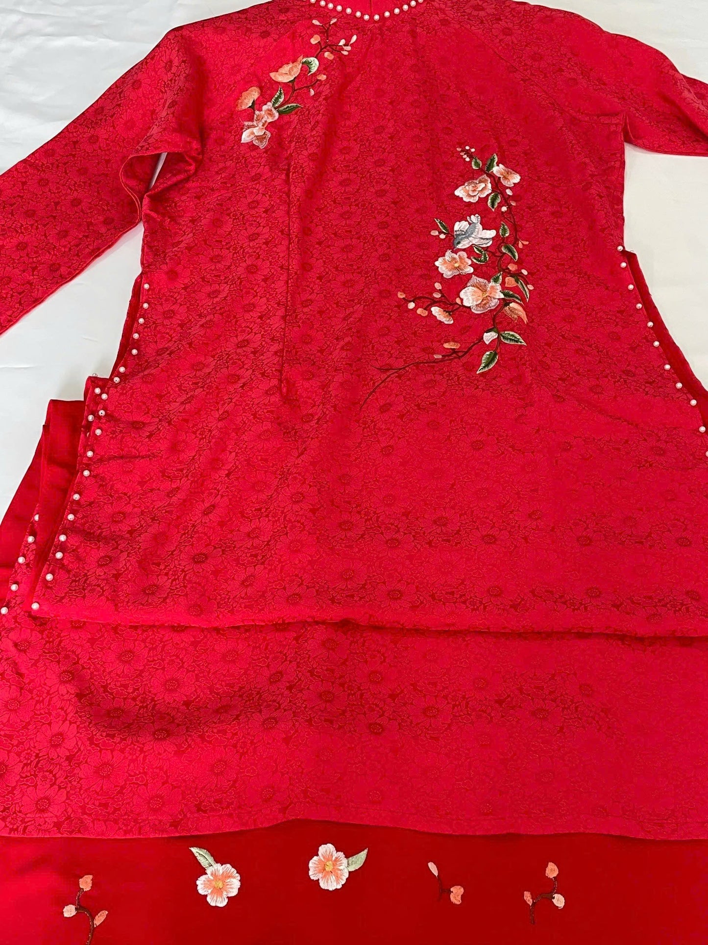 Red Gam Ao Dai Vietnamese Traditional Wedding Dress with Embroidery