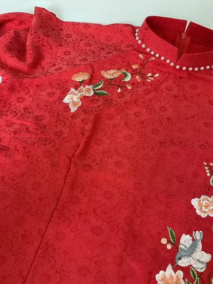 Red Gam Ao Dai Vietnamese Traditional Wedding Dress with Embroidery