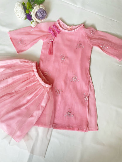 Pink Modern Girl's Ao Dai Set - Ao Dai For Daughter | Ao Dai Tết 2025