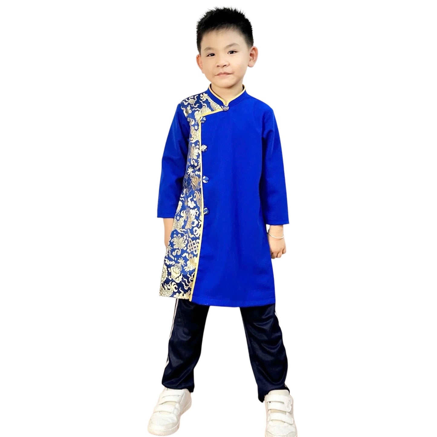 Áo Dài Phối Gấm Bé Trai - Vietnamese Long Dress Ao Dai For Kid Boy