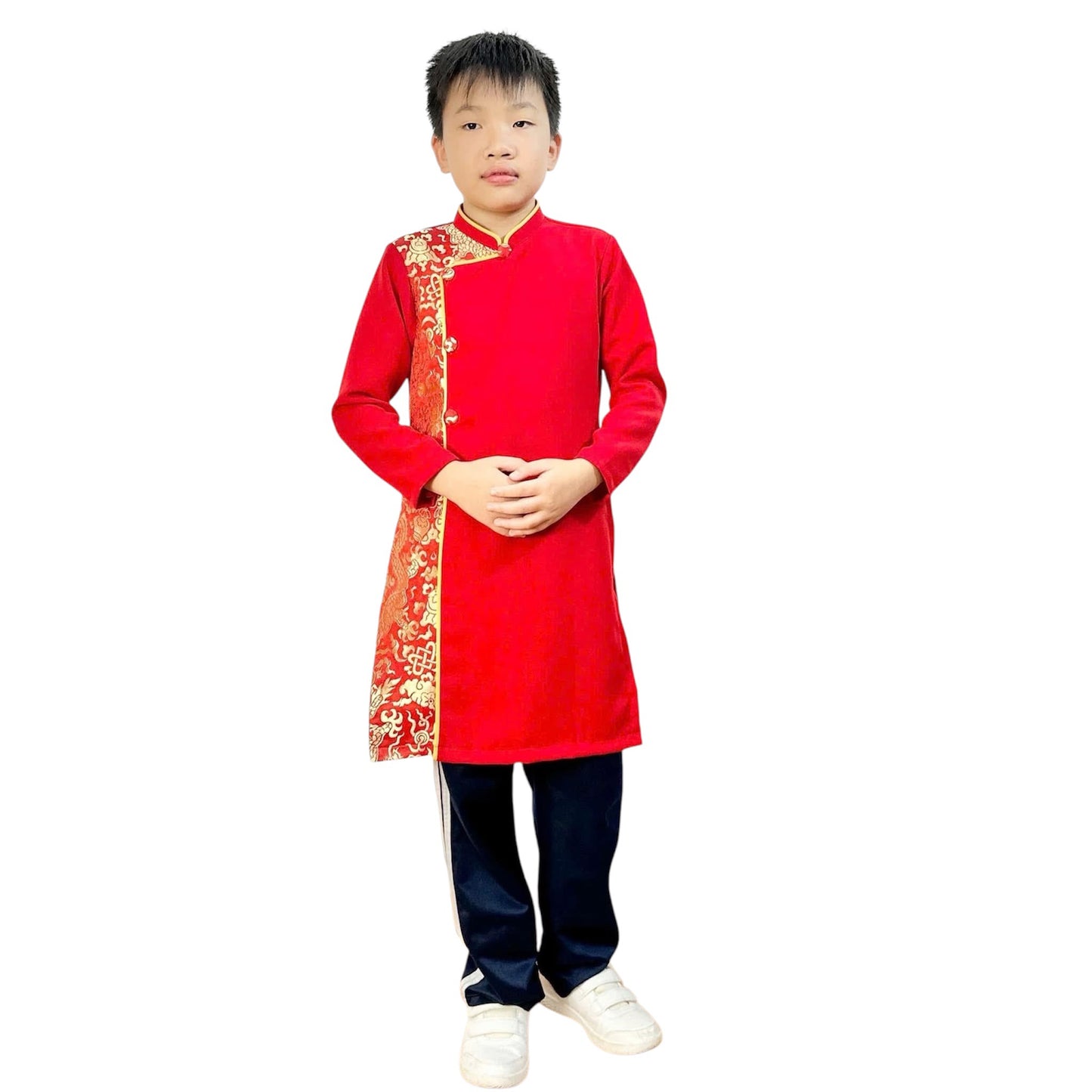 Áo Dài Phối Gấm Bé Trai - Vietnamese Long Dress Ao Dai For Kid Boy