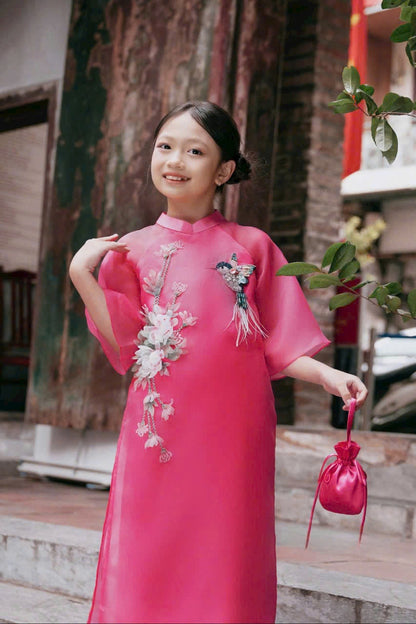 Hot Pink Modern Girl's Ao Dai Set - Ao Dai For Daughter