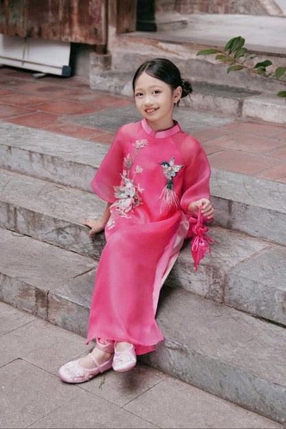 Hot Pink Modern Girl's Ao Dai Set - Ao Dai For Daughter