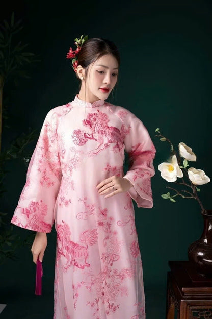 Pink\white Unicorn Pattern Ao Dai - Double Layers Chiffon Silk Ao Dai Women - Ao Dai Viet Nam