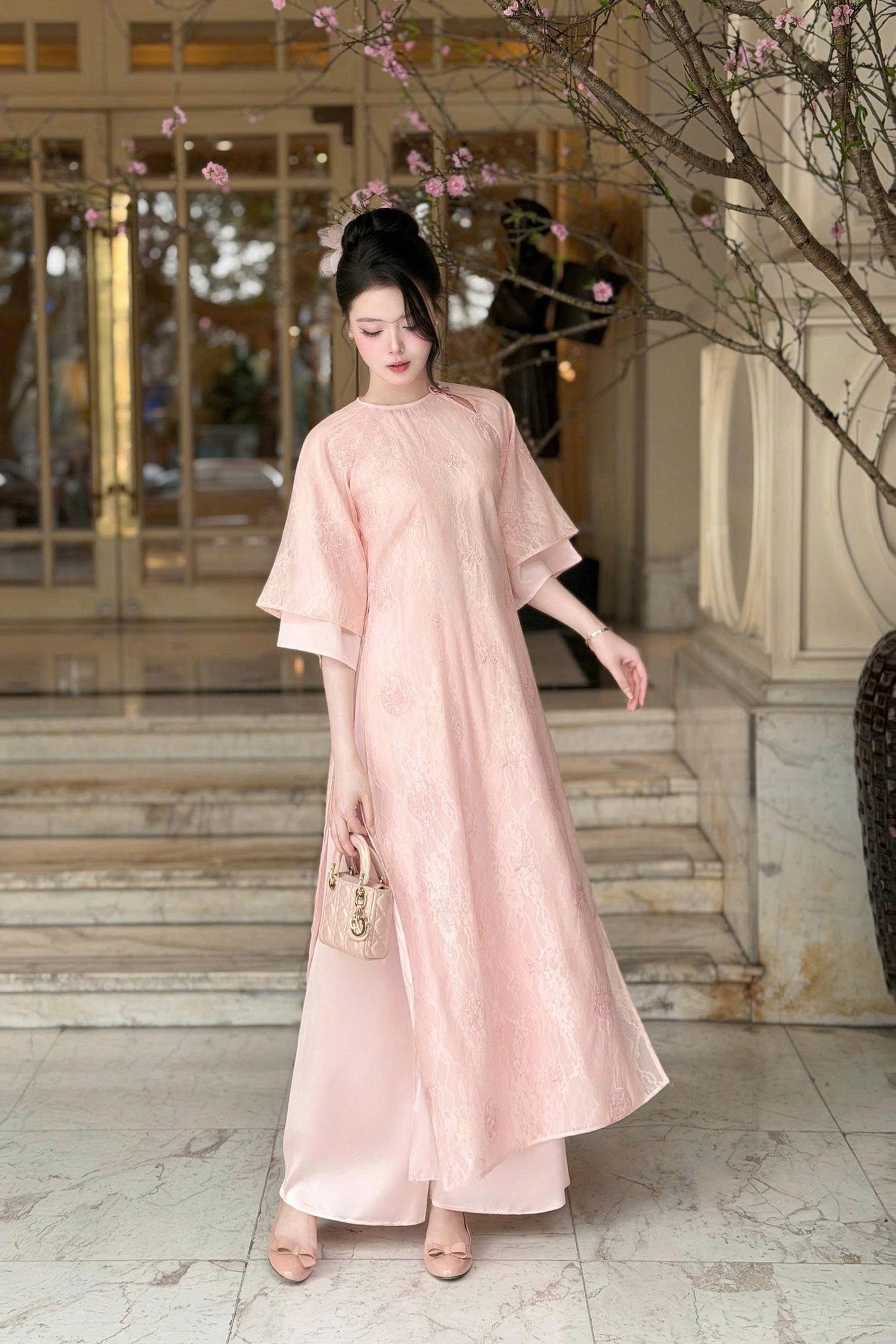 YEN CHI Ao Dai | Pink Floral embroidery Lace Ao Dai | Modern Vietnamese Ao Dai