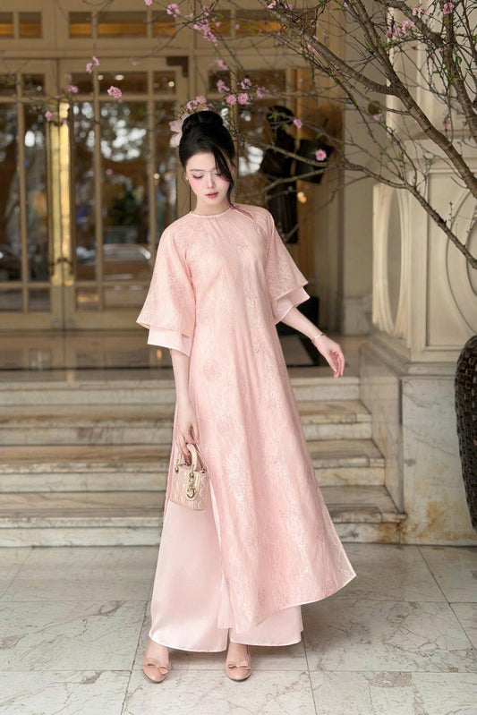 YEN CHI Ao Dai | Pink Floral embroidery Lace Ao Dai | Modern Vietnamese Ao Dai
