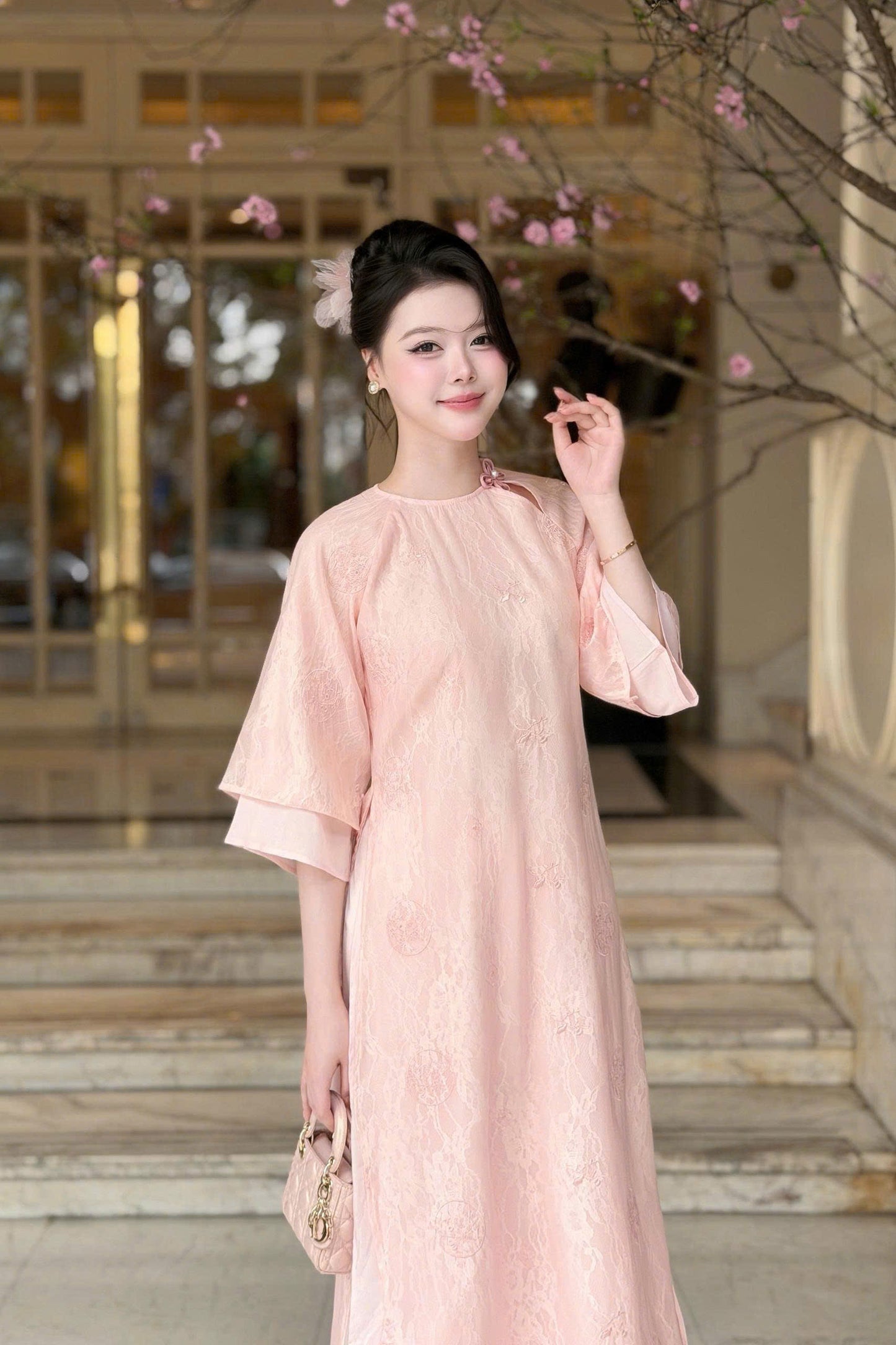 YEN CHI Ao Dai | Pink Floral embroidery Lace Ao Dai | Modern Vietnamese Ao Dai