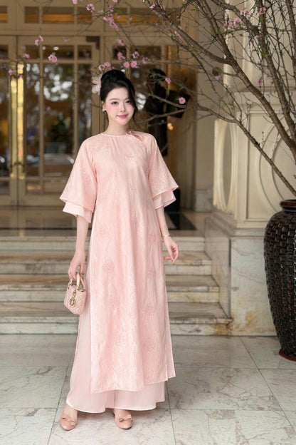 YEN CHI Ao Dai | Pink Floral embroidery Lace Ao Dai | Modern Vietnamese Ao Dai
