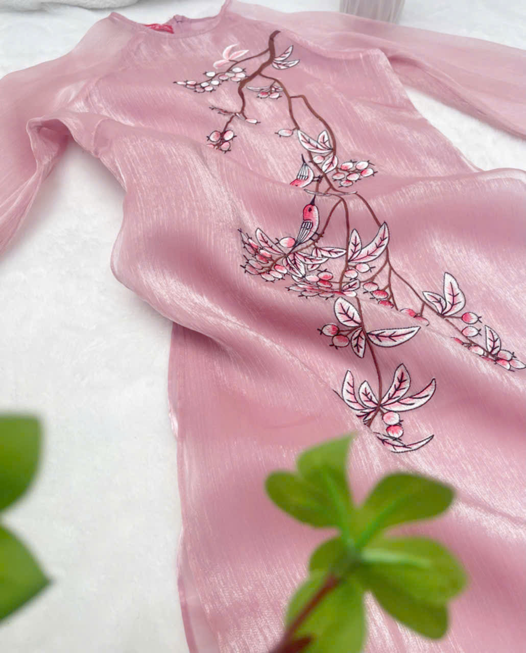 Pink Floral Embroidery Ao Dai Dress - Áo Dài Cách Tân