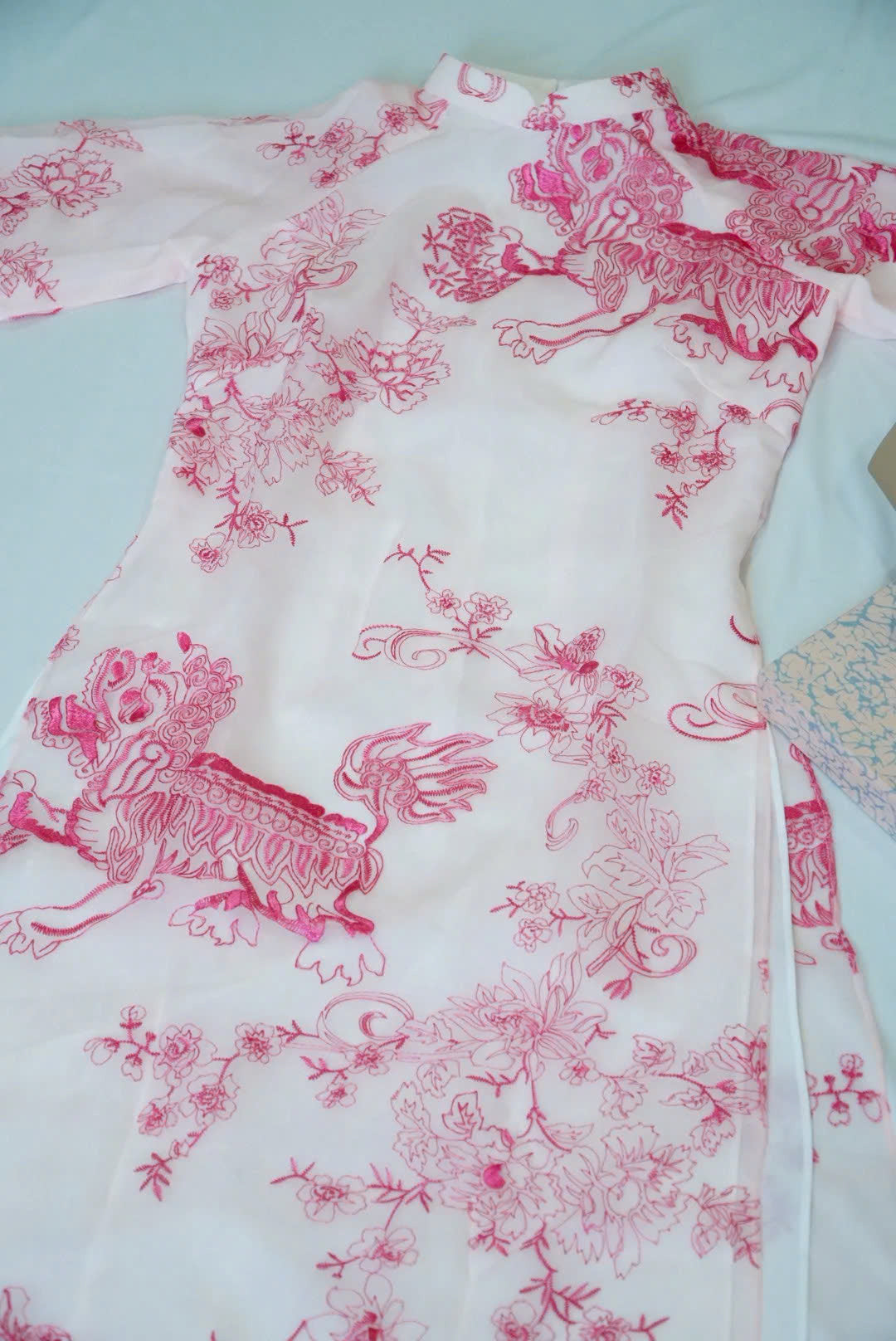 Pink\white Unicorn Pattern Ao Dai - Double Layers Chiffon Silk Ao Dai Women - Ao Dai Viet Nam