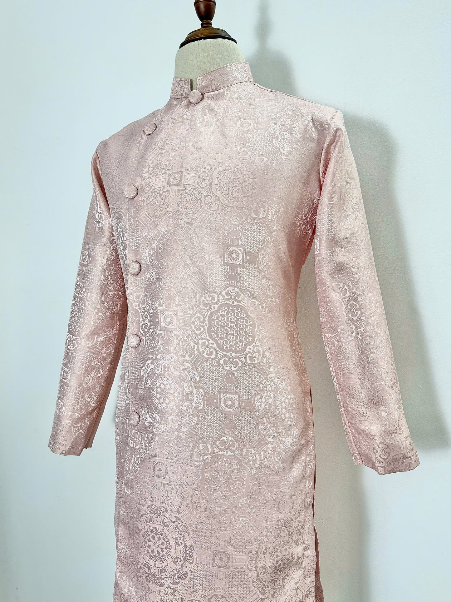 Pink Square Brocade Ao Dai For Men - Ao Dai Truyen Thong Nam | Men Dress