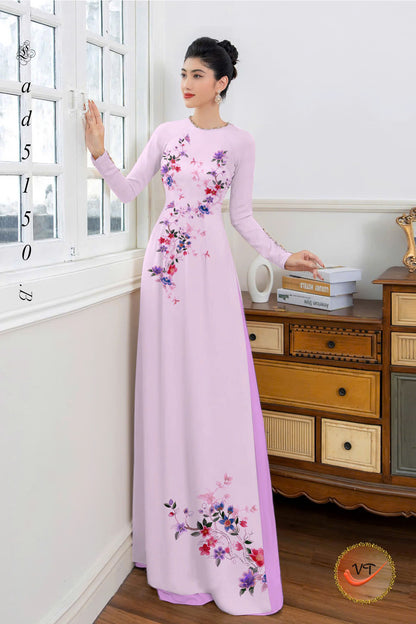 3D Floral Ao Dai - Vietnamese Ao Dai For Women - Round Neck