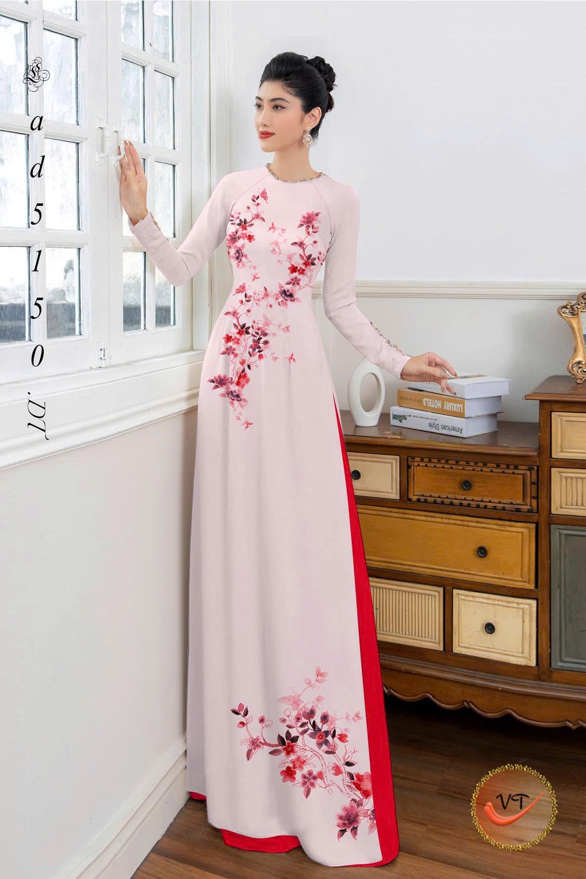 3D Floral Ao Dai - Vietnamese Ao Dai For Women - Round Neck