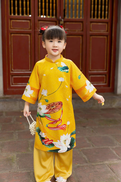 Yellow Printed Gam Girl's Ao Dai Set - Ao Dai For Daughter