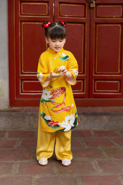 Yellow Printed Gam Girl's Ao Dai Set - Ao Dai For Daughter