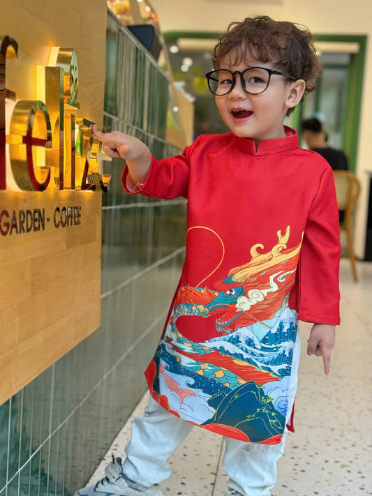 Boy Vietnamese Ao Dai - Red Dragon Ao Dai For Kids