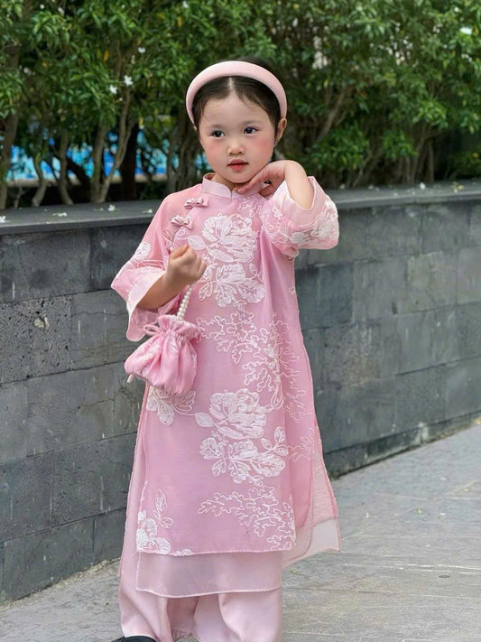 Red\Pink Ao Dai For Daughter - Baby Girls Ao Dai