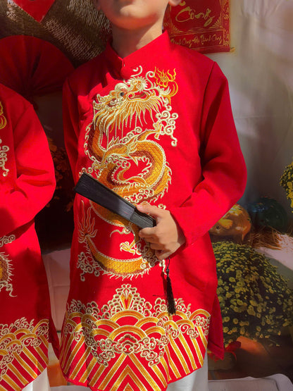 PE3: Dragon Vietnamese Boy Ao Dai - Vietnamese Long Dress Ao Dai For Kid | Red\Blue