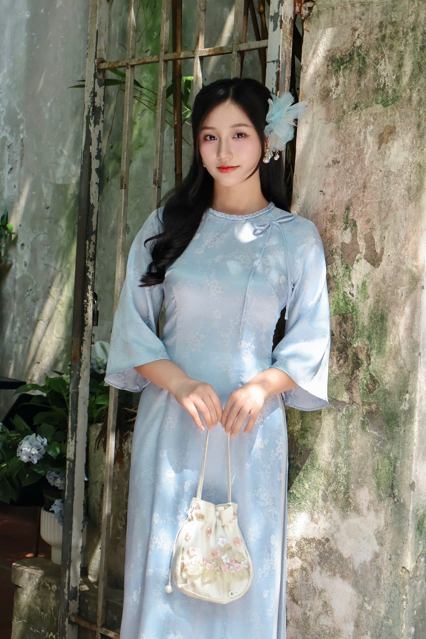 MAN Light Blue Ao Dai with Flowers | Vietnamese ao dai for women | NO pants