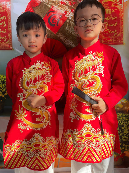 PE3: Dragon Vietnamese Boy Ao Dai - Vietnamese Long Dress Ao Dai For Kid | Red\Blue
