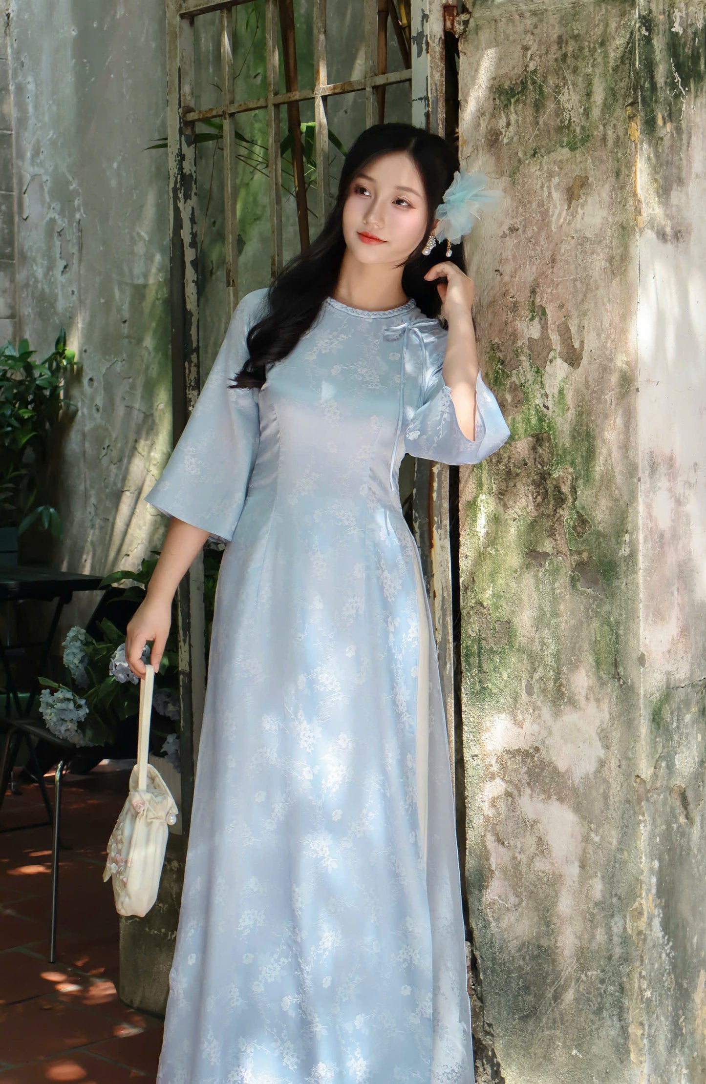 MAN Light Blue Ao Dai with Flowers | Vietnamese ao dai for women | NO pants