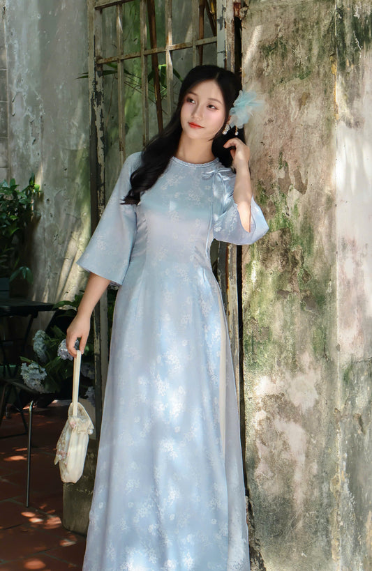 MAN Light Blue Ao Dai with Flowers | Vietnamese ao dai for women | NO pants