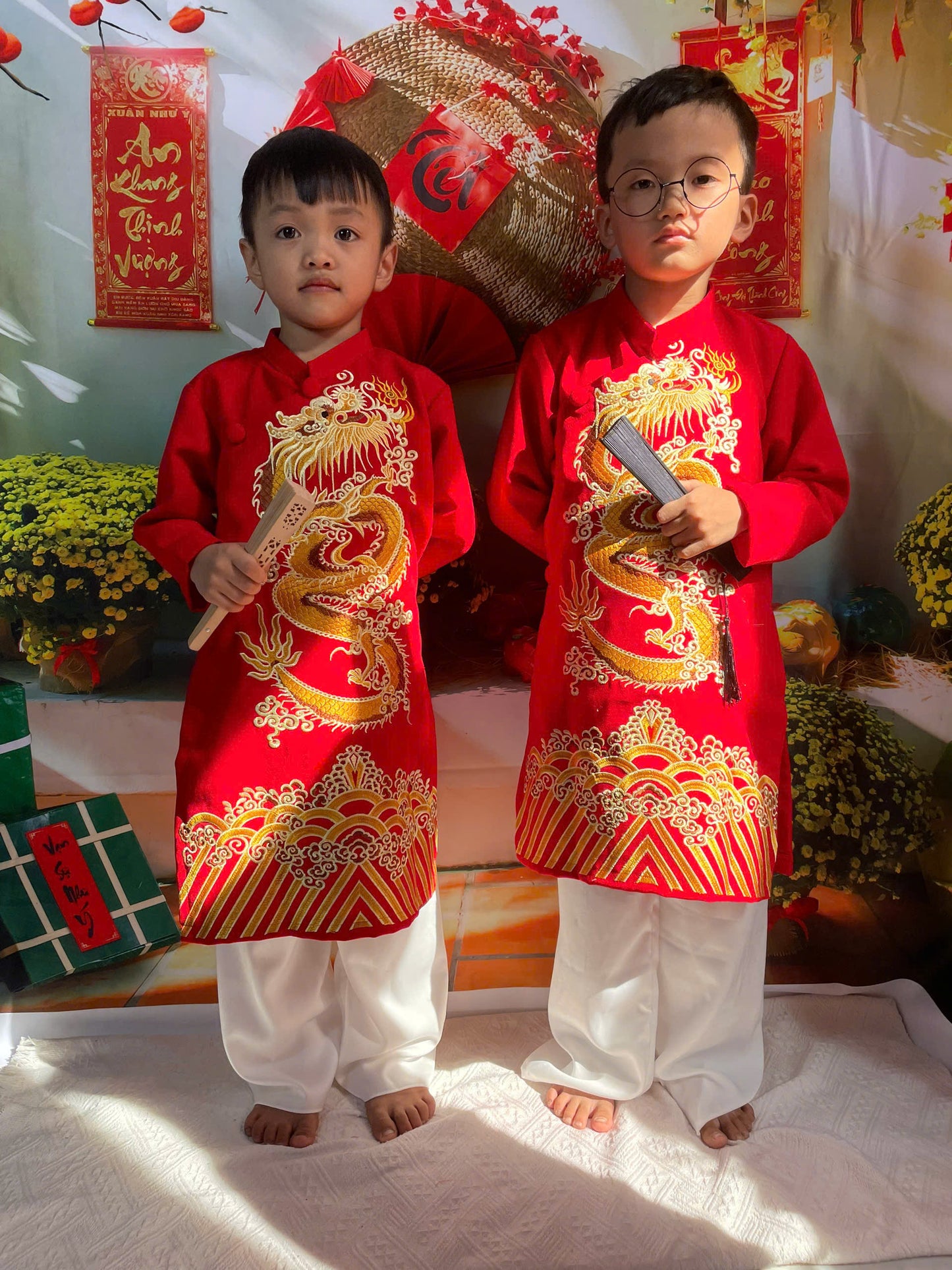 PE3: Dragon Vietnamese Boy Ao Dai - Vietnamese Long Dress Ao Dai For Kid | Red\Blue