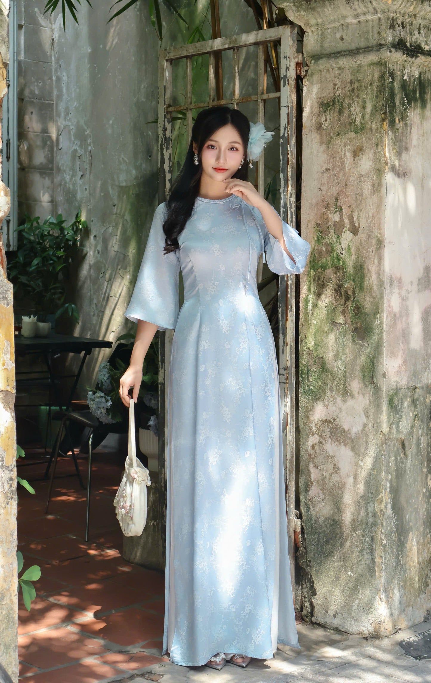 MAN Light Blue Ao Dai with Flowers | Vietnamese ao dai for women | NO pants
