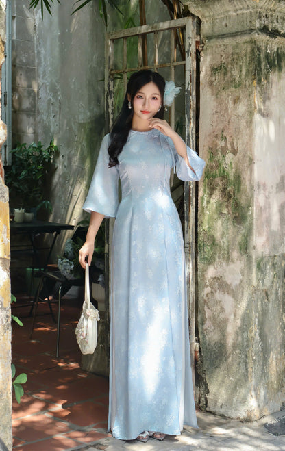 MAN Light Blue Ao Dai with Flowers | Vietnamese ao dai for women | NO pants