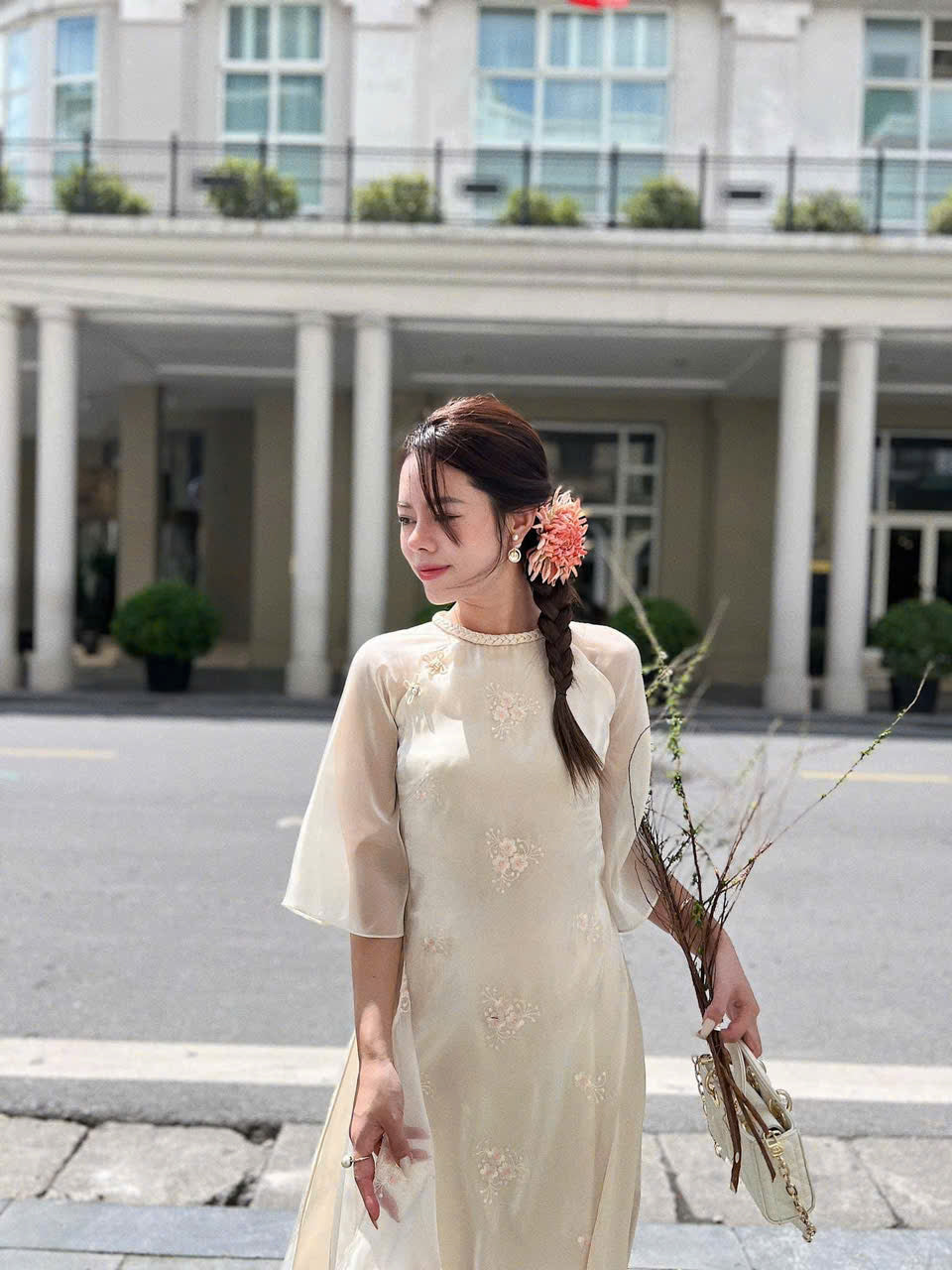 Cream Tơ Embroidery - Blossom  Modern Ao Dai Set