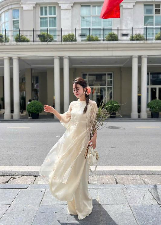 Cream Tơ Embroidery - Blossom  Modern Ao Dai Set