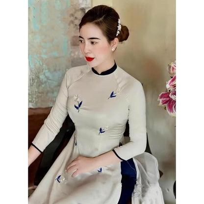 Ivory Lụa Mỹ Vietnamese Ao Dai Dress - Embroidered Ao Dai | Áo Dài Truyền Thống | Women Ao Dai