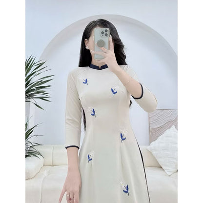 Ivory Lụa Mỹ Vietnamese Ao Dai Dress - Embroidered Ao Dai | Áo Dài Truyền Thống | Women Ao Dai