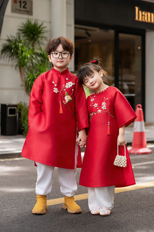 Red Sibling Ao Dai For Tet - Ao Dai Boy Girl