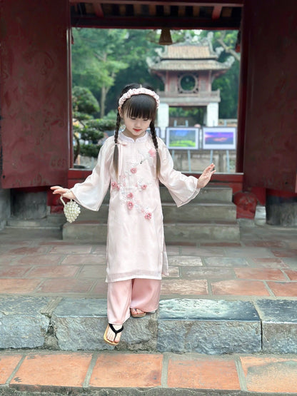 Girl's Dress Ao Dai Set - Pink Red Modern Ao Dai For Daughter | Headpiece Ao Dai Kids