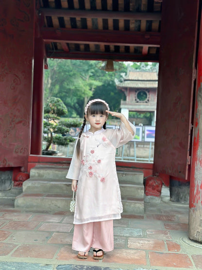 Girl's Dress Ao Dai Set - Pink Red Modern Ao Dai For Daughter | Headpiece Ao Dai Kids