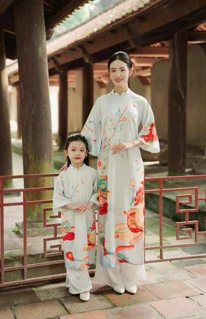 Green Matching Mother Daughter | Áo Dài Đôi Mẹ và Bé Gái