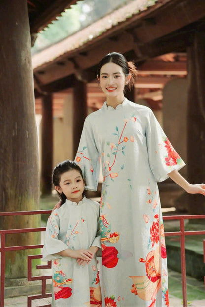 Green Matching Mother Daughter | Áo Dài Đôi Mẹ và Bé Gái