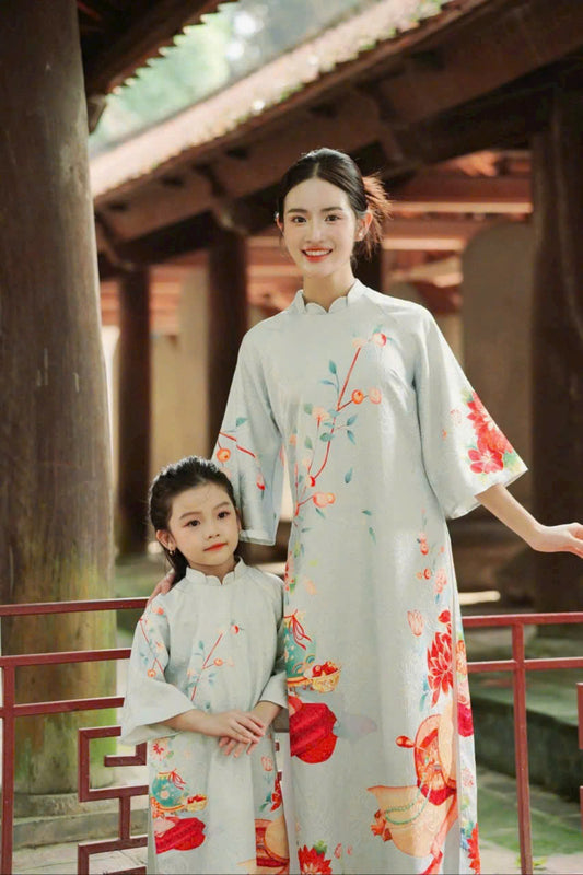 Green Matching Mother Daughter | Áo Dài Đôi Mẹ và Bé Gái