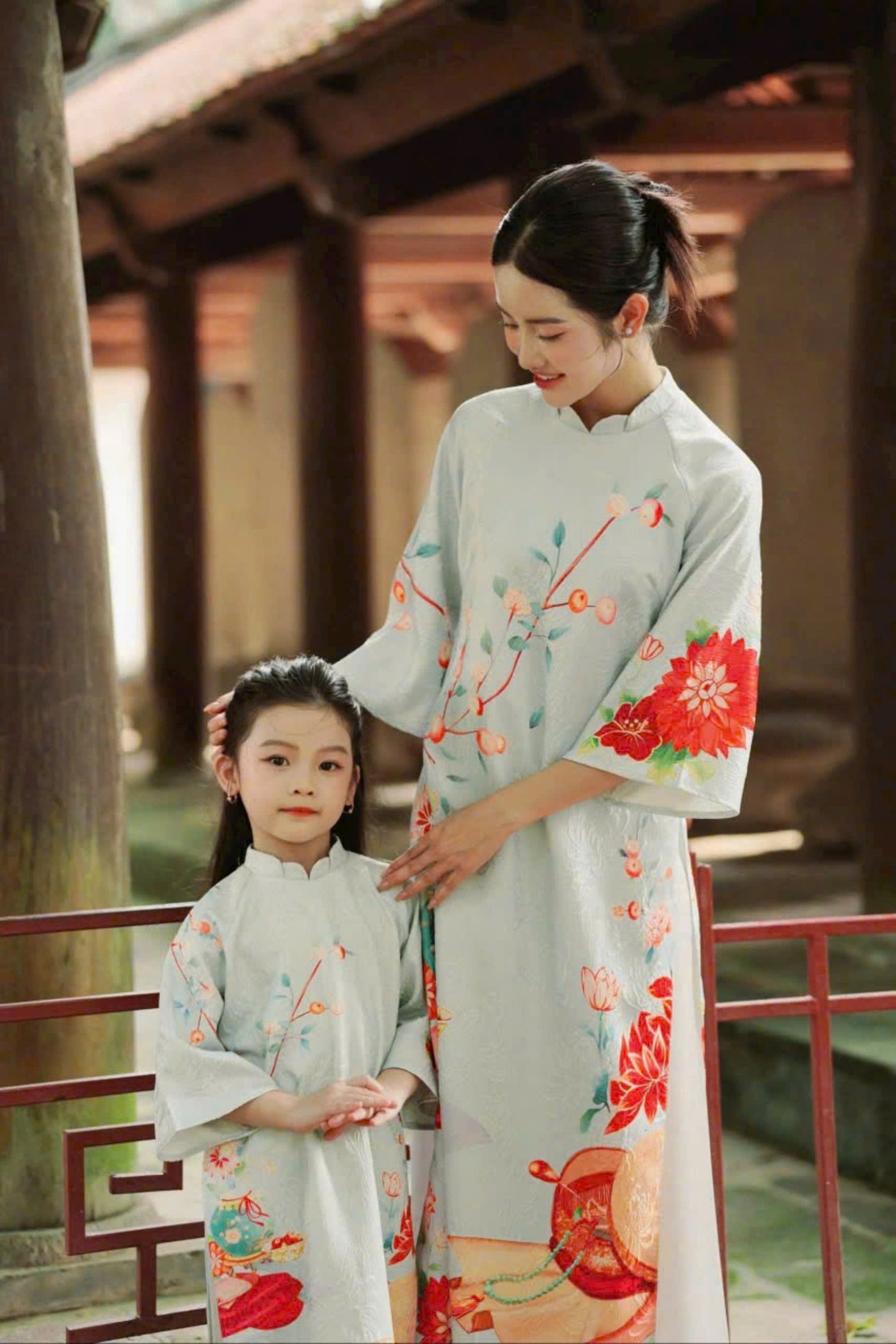 Green Matching Mother Daughter | Áo Dài Đôi Mẹ và Bé Gái